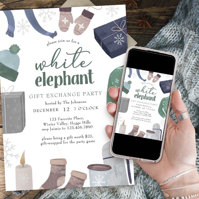 Vit Elefant Mysig Vinterpresentutbytesfest Inbjudningar (White Elephant Holiday Gift Exchange Party Invitation)