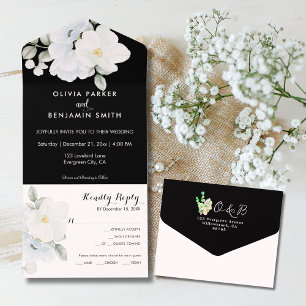 Vit Elegant Blommigt Monogram Modern Black Bröllop