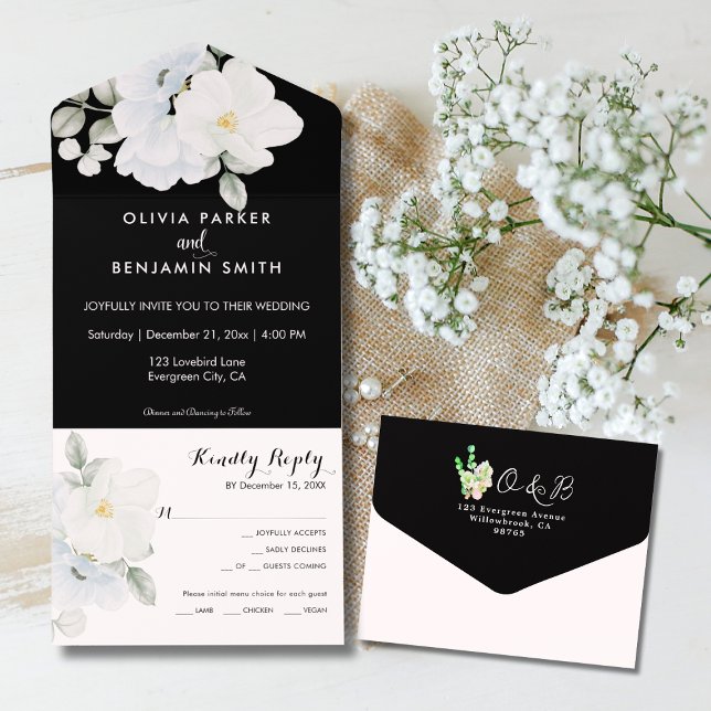 Vit Elegant Blommigt Monogram Modern Black Bröllop (White Elegant Floral Monogram Modern Black Wedding All In One Invitation)