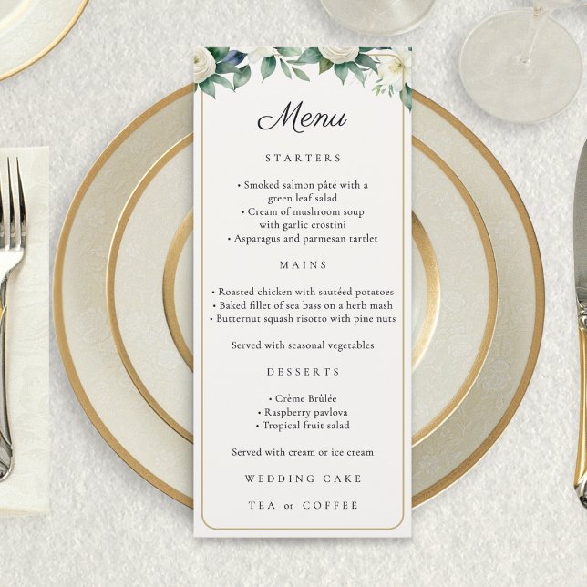 Vit elegant blomsterbotanisk akvarellbröllop meny (A wedding menu card with white flowers, greenery, faux gold border, script title and custom text)