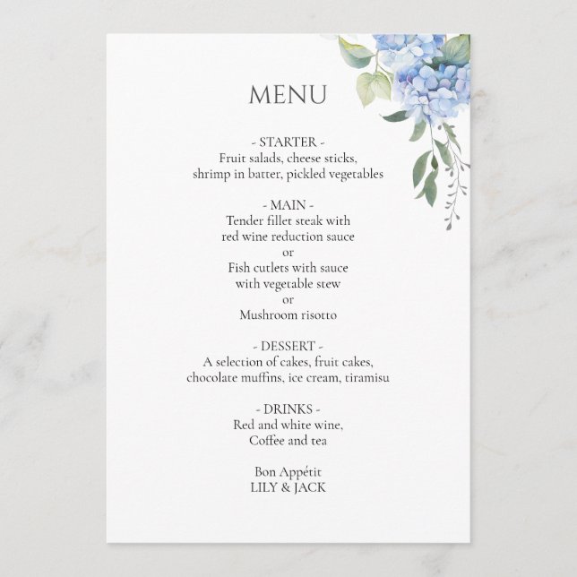 Vit | Elegant Blue Beige Hydrangea Bröllop Meny (Framsida)