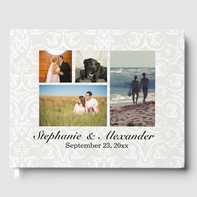 Vit elegant Damask 4 Photo Bröllop eller händelse Gästböcker (Framsida)