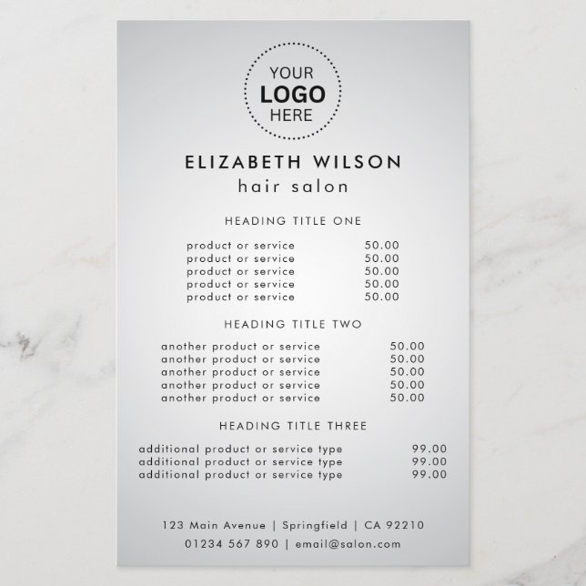 Vit Elegant | Enkel Salong Service Meny Flyer (Framsidan)