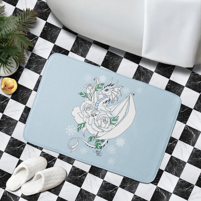 Vit Elegant Isdrake Blå Rosor Fantasy Badrumsmatta (Skapare uppladdad)