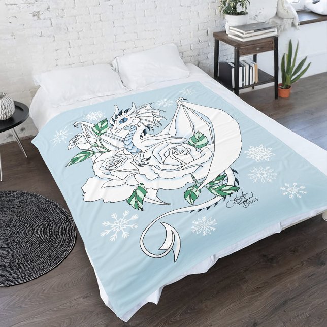 Vit Elegant Isdrake Blå Rosor Fantasy Fleecefilt (Skapare uppladdad)