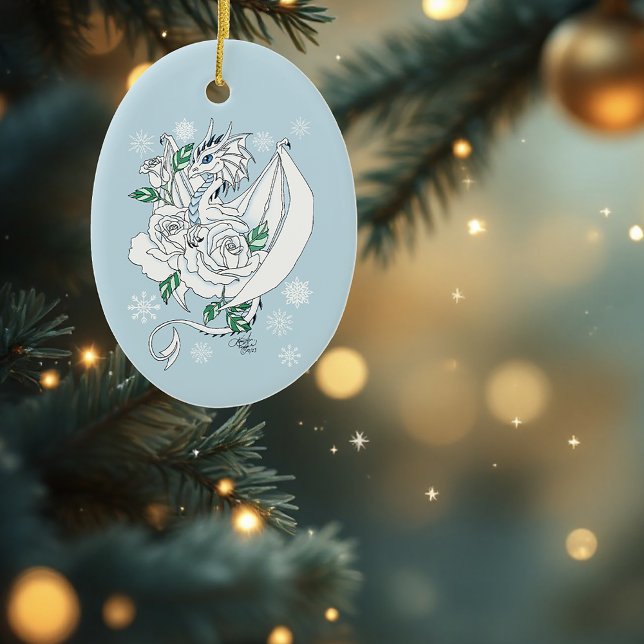 Vit Elegant Isdrake Blå Rosor Fantasy Julgransprydnad Keramik (Skapare uppladdad)