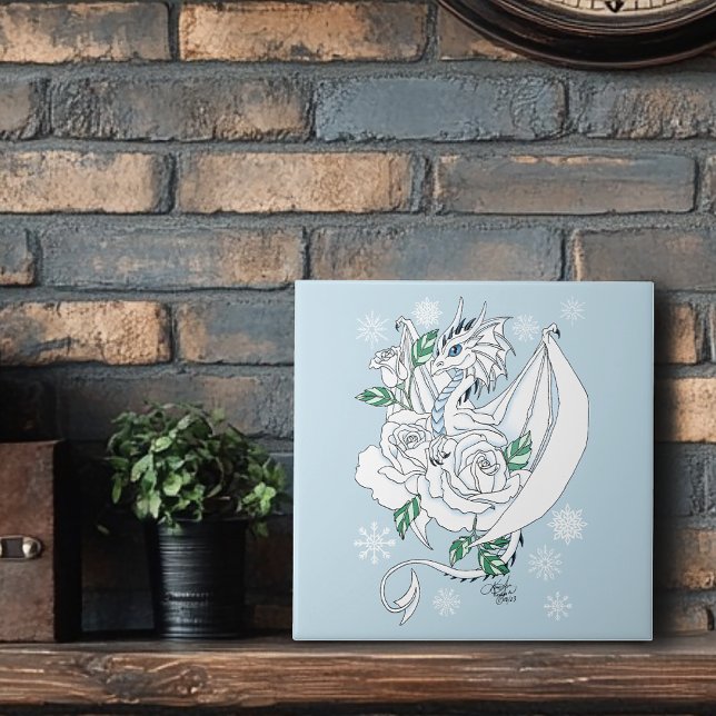 Vit Elegant Isdrake Blå Rosor Fantasy Kakelplatta (Skapare uppladdad)