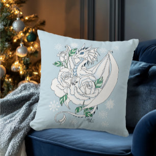 Vit Elegant Isdrake Blå Rosor Fantasy Kudde