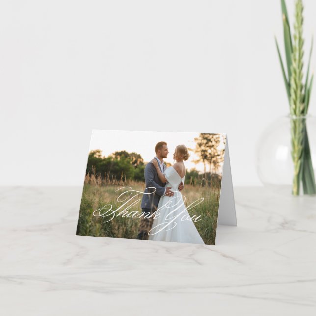 Vit Elegant Klassisk Bröllopsfotografi med Script Tack Kort (Framsida)