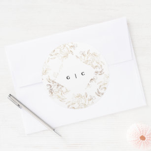 Vit Elegant Ritad botaniskt monogram Bröllop Runt Klistermärke