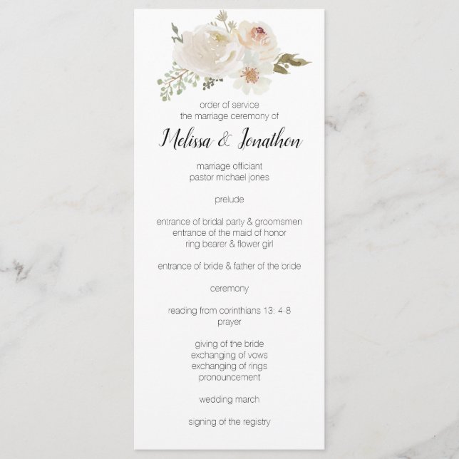 Vit elegant romantisk bröllopsblomma program (Framsida)