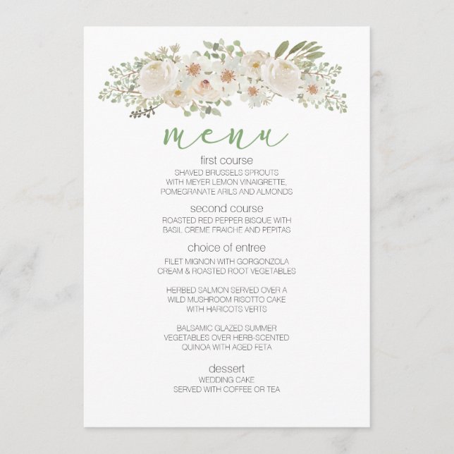 Vit elegant romantisk bröllopsmeny med blommor meny (Framsida)