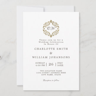 Vit Elegant Simple Guld Ram Initial Bröllop Inbjudningar