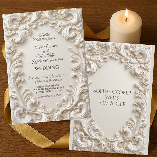 Vit Elfenbens Barock Yppig Akantus Slinga Bröllop Inbjudningar (White Ivory Baroque Opulent Acanthus Swirl Wedding Invitation)