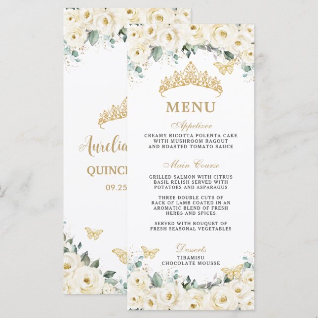 Vit Elfenbensros Blommig Fjäril Quinceañera Meny (Fram/baksida)