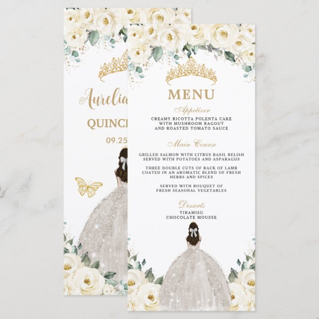 Vit Elfenbensros Blommig Prinsessa Quinceañera Men Program (Fram/baksida)