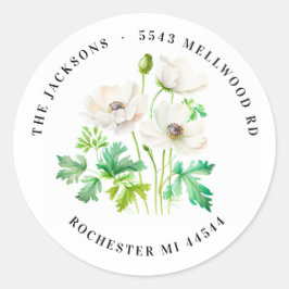 Vit emonblomma Returadress Classic Round Runt Klistermärke