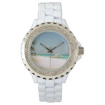 Vit Enamel Watch med Beach Design