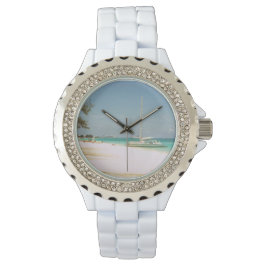 Vit Enamel Watch med Beach Design Armbandsur