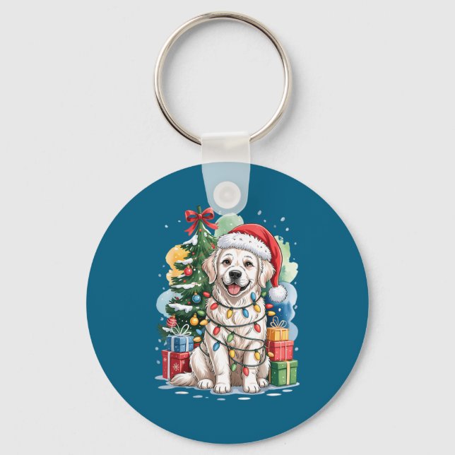 Vit engelsk Golden Retriever tomtehatt jul Nyckelring (Framsida)