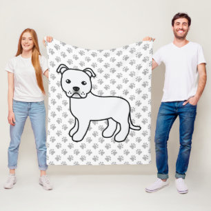 Vit engelsk Staffie Söt tecknad hund & tassar Fleecefilt