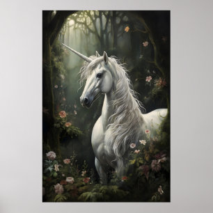 Vit enhörning häst i djup blommig skogsutskrift poster