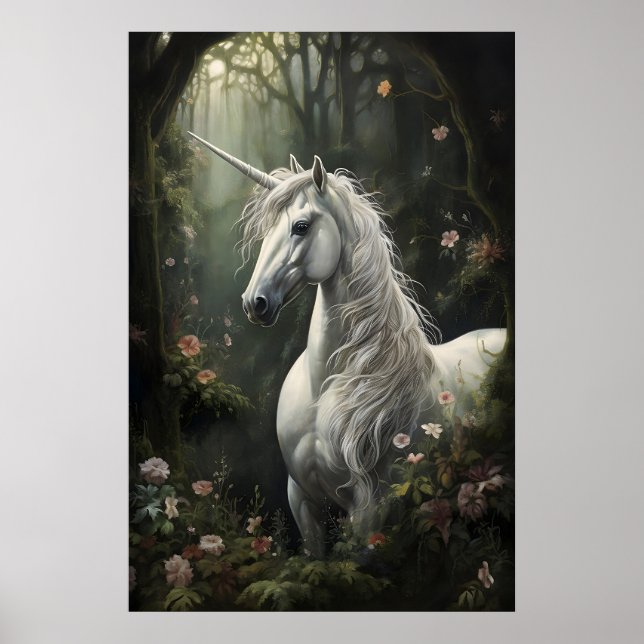 Vit enhörning häst i djup blommig skogsutskrift poster (Framsidan)
