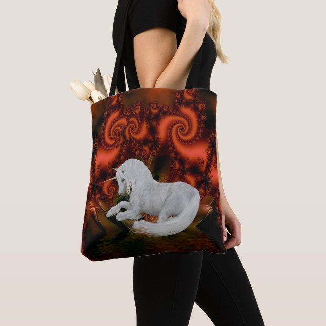 Vit Enhörning Röda Fraktaler Fantasy Häst Konst Tygkasse (Närbild)