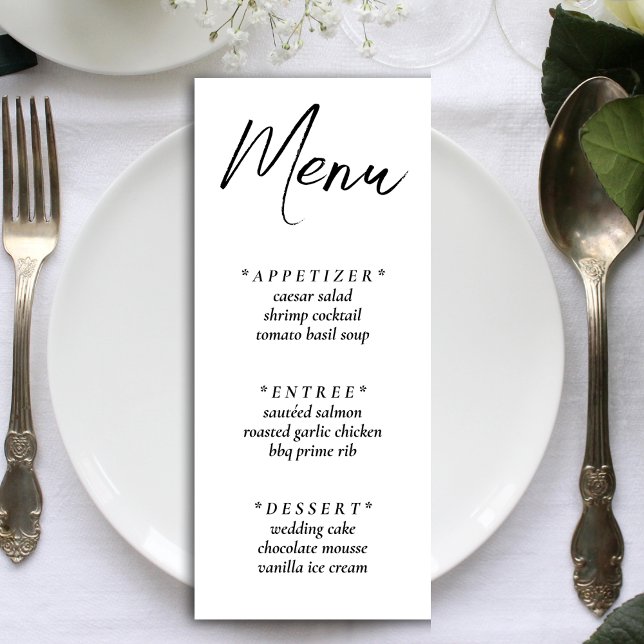 Vit enkel Elegant bröllop-mottagning Meny (White Simple Elegant Wedding Reception Menu)