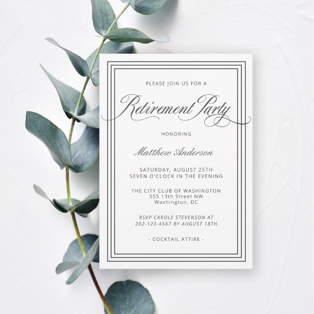 Vit enkel Elegant Pension Party Inbjudningar (This elegant retirement party invitation is available as printed or digital download.)