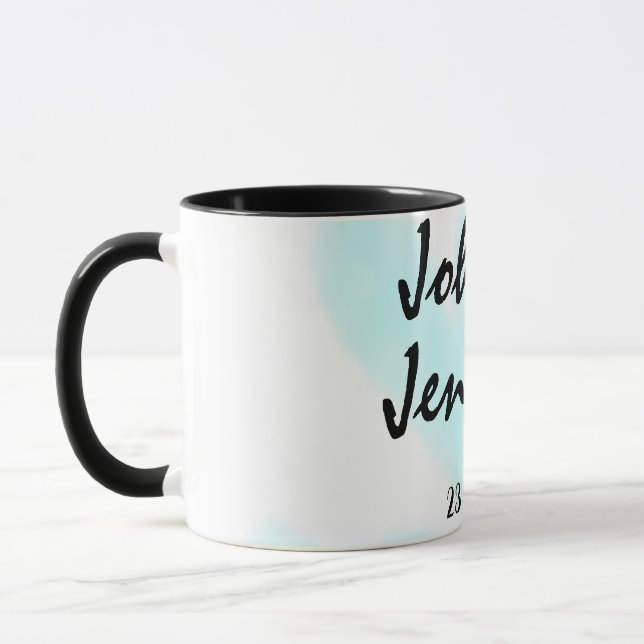 vit enkel minimal textstil bröllop blå hjärta mugg (Vänster)