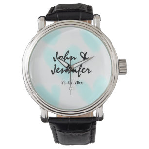 vit enkel minimalistisk textstil bröllop blå hjärt armbandsur