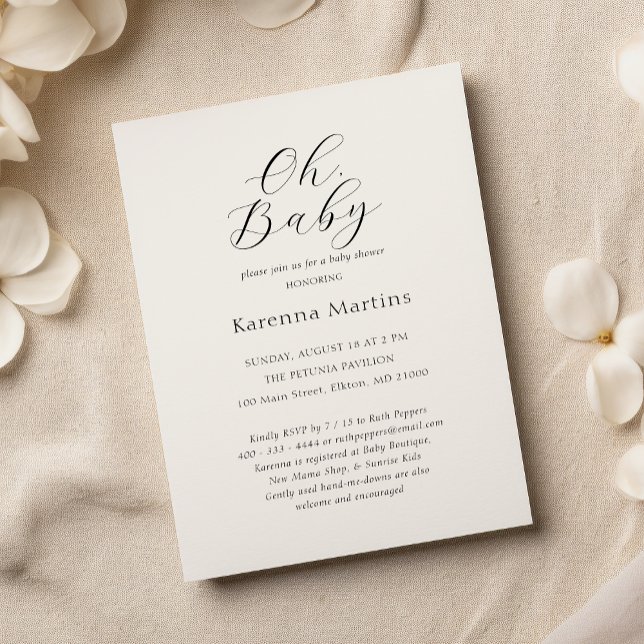 Vit, enkelt, minimalistiskt skript Oh Baby Shower Inbjudningar (Skapare uppladdad)