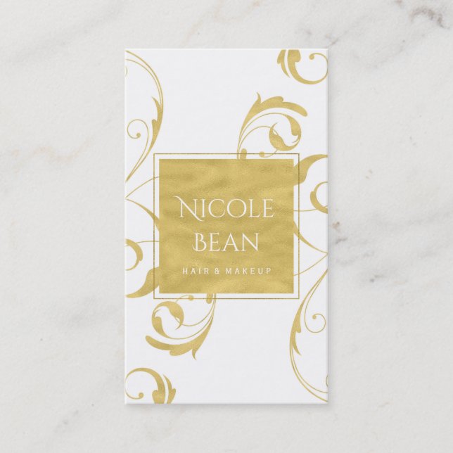 Vit & Falskt Guld Blommig Virvel Elegant Visitkort (Framsida)
