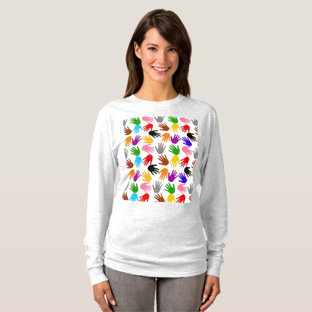 Vit färgrik handavtrycksmönsterdesign  t shirt (Hel framsida)