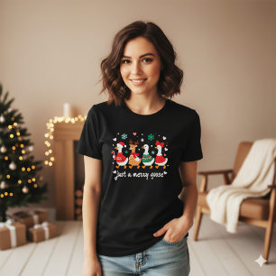 Vit Färgrik Tecknad Glad Gås Jul  T Shirt