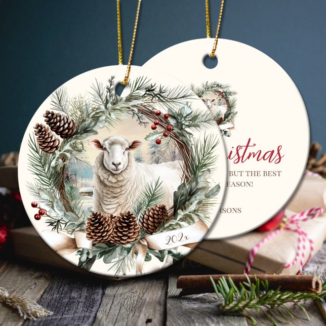Vit fårhållare Julpinekon-andedräkt Julgransprydnad Keramik (White sheep farm animal Christmas pinecone wreath Ceramic Ornament)