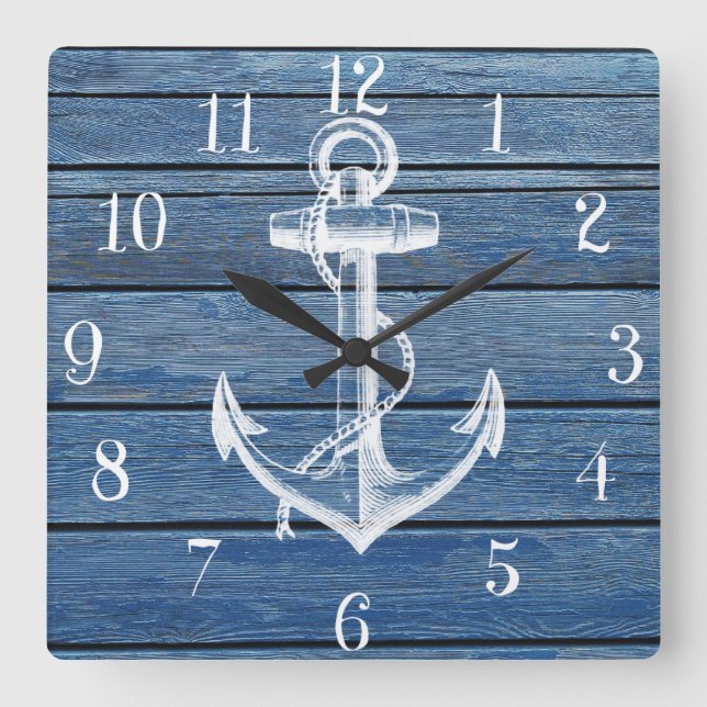 Vit fästpunkt och Vintage, blått trä Fyrkantig Klocka (Framsida)