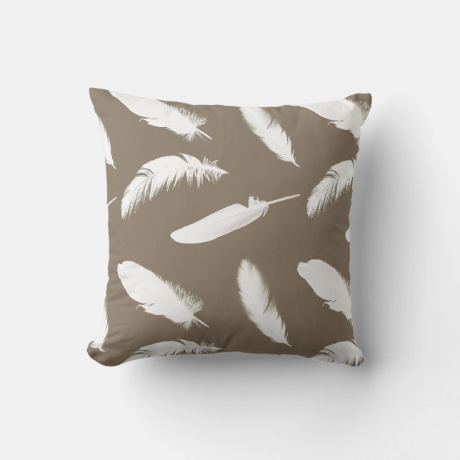 Vit fjädertryck på taupe kudde (Framsida)