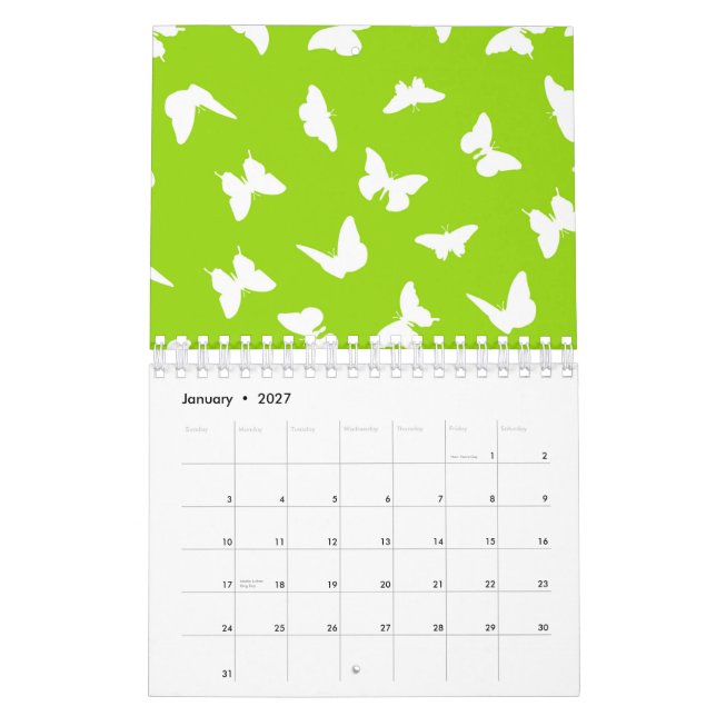 Vit fjäril Grön bakgrund Estetiskt mönster Kalender (Jan 2027)