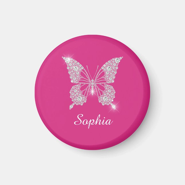 Vit Fjäril i Diamant, Namn i Skrift, Fuchsia Magnet (Framsidan)