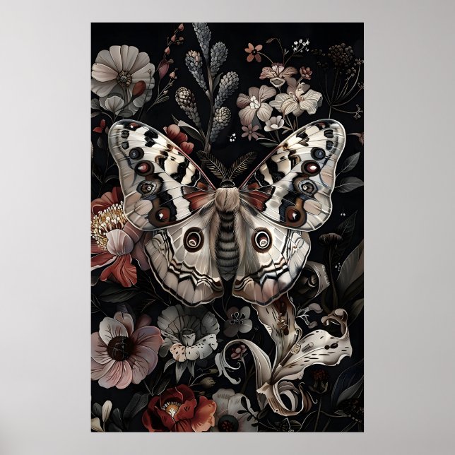 Vit fjäril i mörk blomsterträdgård, dyster mal poster (Framsidan)