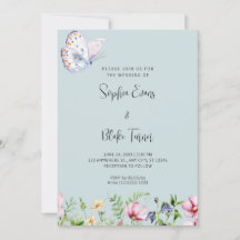 Vit Fjäril och Vilda Blommor Mjukt Grön Bröllop