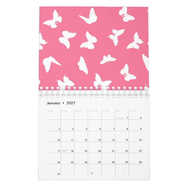 Vit fjäril Rosa bakgrund Estetiskt mönster Kalender (Jan 2027)