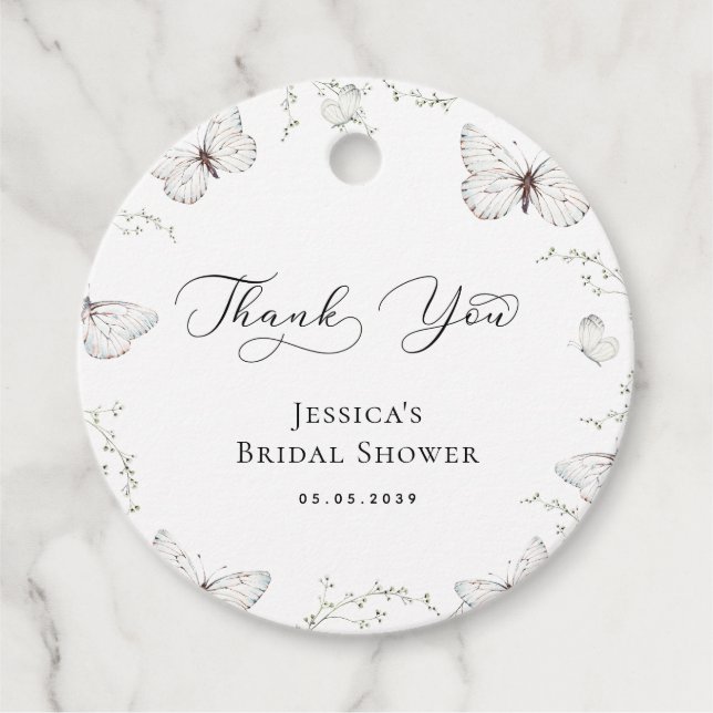 Vit Fjäril Trädgård Bröllopsdusch Tack Gåvor Etiketter (Framsida)