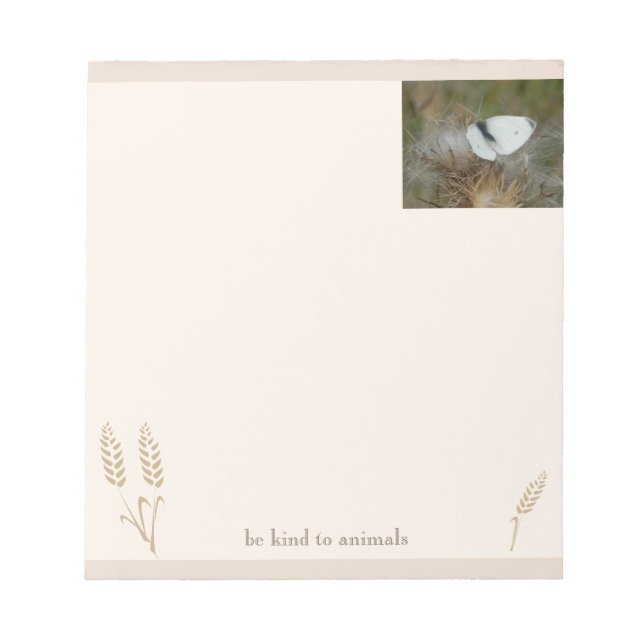 Vit fjäril "Var snäll mot djur" Boho Notepad Anteckningsblock (Framsida)