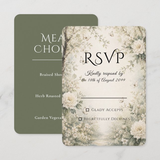 Vit Fjäril Vårträdgård Bröllop RSVP-kort OSA Kort (Fram/baksida)