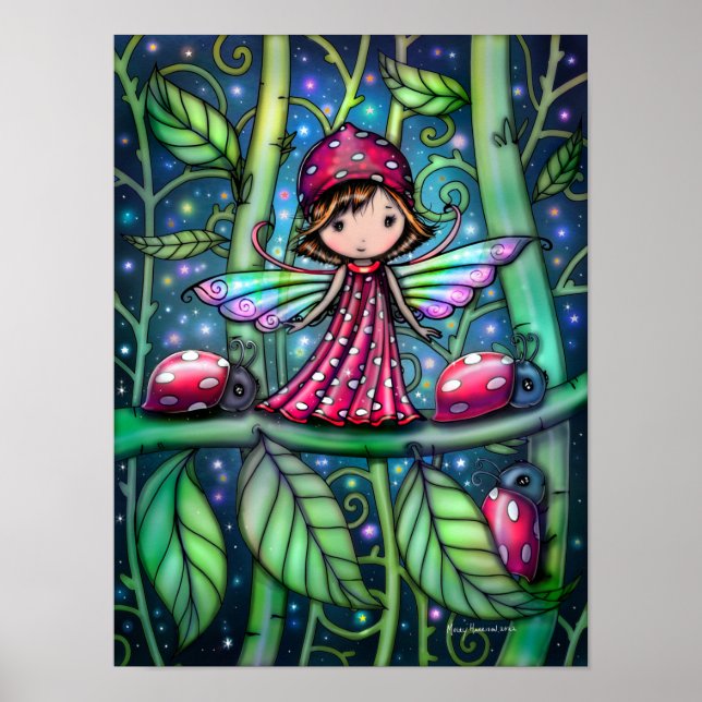 Vit fläckig Ladybug Fairy Fantasy Art Poster (Framsidan)