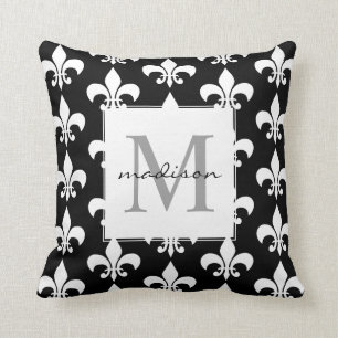 Vit Fleur de lis Mönstra för Monogramelegantsvar Kudde