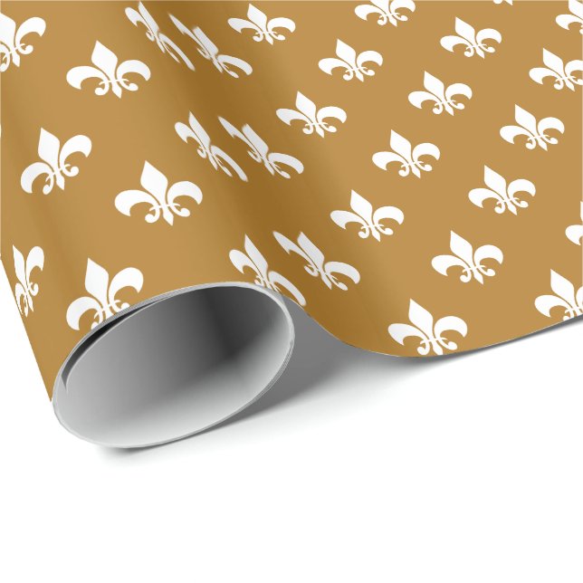 Vit Fleur-de-lis på matguld Presentpapper (Rullad Hörn)